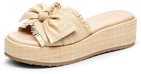 Coutgo Womens Platform Wedge Sandals Bow Open Toe Slide Sandals Straw Slip On Summer Beach Shoes, Khaki, Size 7.5
