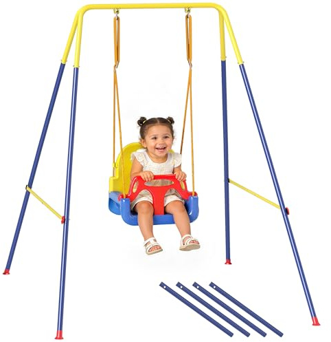 AIYAPLAY 3 in 1 Altalena da Giardino per Bambini, Altalena per Neonato da Interno e Esterno, Altezza Regolabile, Supporti in Acciaio Pieghevoli, Cintura Sicurezza, Facile Montare, 9 Mesi-8 Anni, Blu