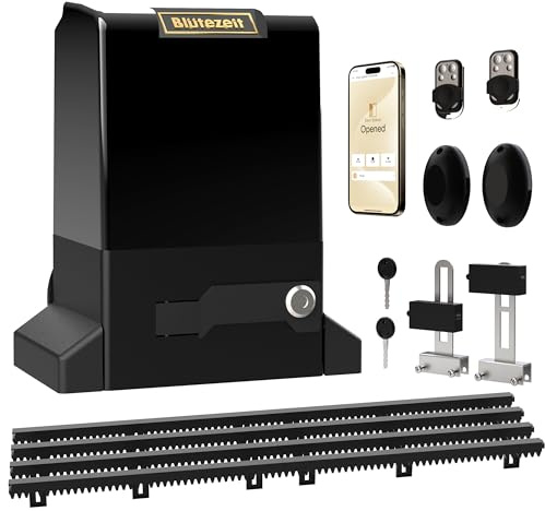 Blütezeit 800 kg WLAN Sliding Gate Drive, 370 W Motor with App Control, Rack Drive Including 4 m Nylon Rack, 2 Remote Controls & IR Sensor, Complete Set for Driveway Gates up to 12 m