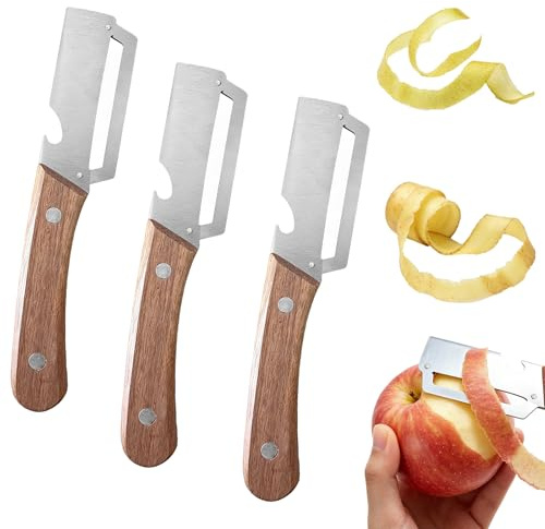 Potatisskalare grönsaksskalare rostfritt stål vass – multifunktionell skalare set om 3 – Julienne skalare & fruktskalare – Vegetable Peeler med trähandtag och flasköppnare för kök