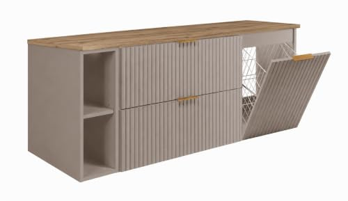 Set med badrumsskåp med tvättkorg, Kashmir/Skiva Ljus Ek/Gyllene Handtag, 140 x 57 x 46 cm