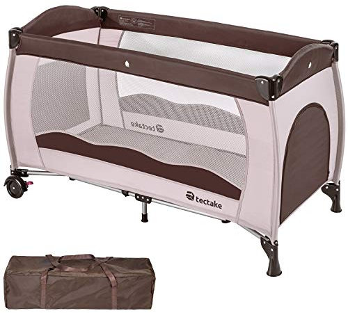 tectake® Babyreisebett, Kinderreisebett, Reisebett höhenverstellbar mit Reisebett Matratze und Transporttasche, Babybett, Reisegitterbett, tragbares Beistellbett Baby 126 x 65 x 80 cm - Braun