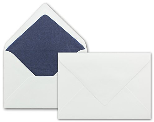 25 x Briefumschläge in weiss mit dunkel-blauem Seidenfutter, DIN B6 12,5 x 17,6 cm, Nassklebung ohne Fenster - Ideal für Hochzeits-Einladungen Grußkarten Weihnachtskarten