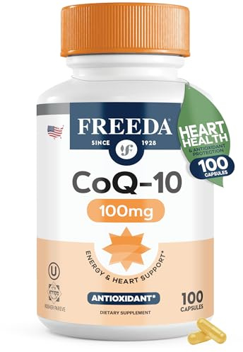 FREEDA CoQ10 100mg - Kosher Coenzyme Q10 Dietary Supplement for Cardiovascular Heart Health, Blood Pressure Support, Oral Gum Health, and Healthy Aging - Pure CoQ10 Capsules, 100 Count