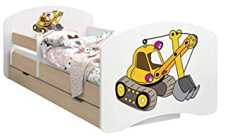 HappyBabies - Doppelseitiges Kinderbett MIT SCHUBLADE Modernes Design mit sicheren Kanten und Absturzsicherung Schaumstoffmatratze 7 cm Leichte Birne (Gelber Bagger, 140/70)