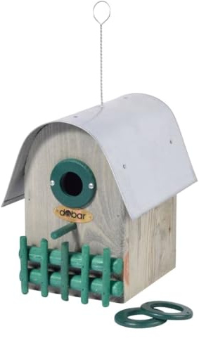 Caja Nido Rundhaus con 3 Agujeros de Entrada Variables y Techo de Aluminio, 14 x 22 x 20 cm, Madera de Pino, Teca