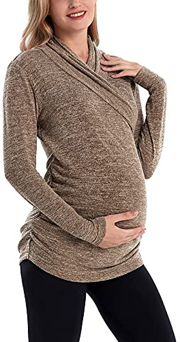 MOMOOD Women’s Maternity Long Sleeve Shirt Top Pregnancy Fashionable Sweater Brown M