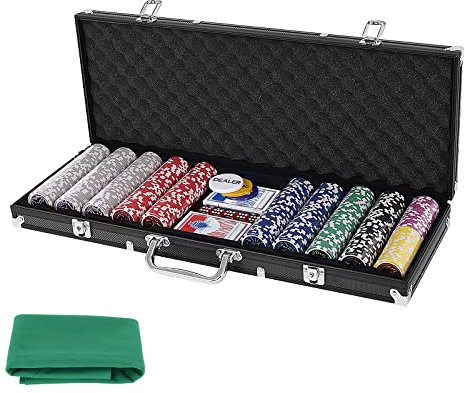 DREAMADE Pokerset mit 500 Laser Pokerchips & Aluminiumkoffer & 2 Kartendecks & 5 Würfel & 3 Dealer Button & Tischtuch, Profi Pokerspiel, Poker Set (Schwarz)