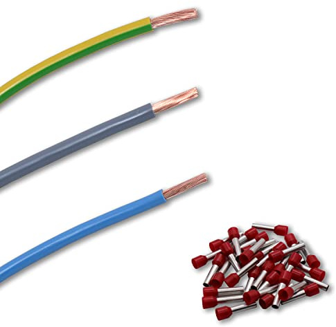 EBROM Verdrahtungssatz, Zählerschrank Verteilung, Aderleitung flexibel H07V-K 10 mm² (10 mm2) Farben: blau - grau - grün/gelb inkl. 20 x Aderendhülsen 18 mm ROT – Ihre Auswahl: 3 x 10 Meter SET
