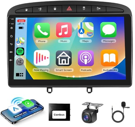 Podofo Carplay Radio de Coche para Peugeot 308/408 2007-2015, Android HiFi Android Auto 9 Pantalla Táctil GPS WiFi Bluetooth FM RDS Radio USB Reproductor Estéreo +AHD Cámara+Micrófono
