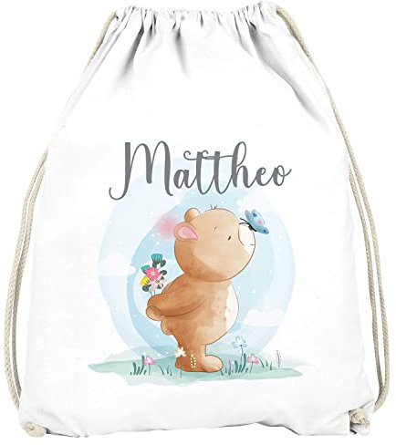 SpecialMe® Kinder Turnbeutel mit Name Tiermotive Bär, Hase, Fuchs personalisierte Geschenke Mädchen Jungen Bär weiß Unisize
