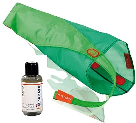 Arion Easy Slide Anziehhilfe für Strümpfe & Olanmarp Feinwaschmittel für Kompressionsstrümpfe 50 ml -Leicht anziehen und pflegen (Schuhgröße 39-43, Geschlossene Fußspitze Magnide)