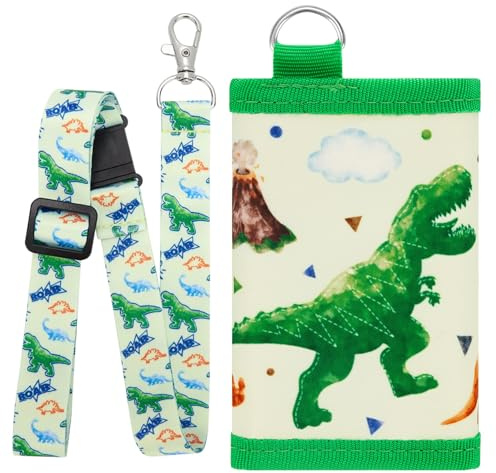 WAWSAM Kids Dinosaur Wallet - Trifold Toddler Wallet with Lanyard, Zippered Coin Pocket, Card Holders for Boys Ages 4-12