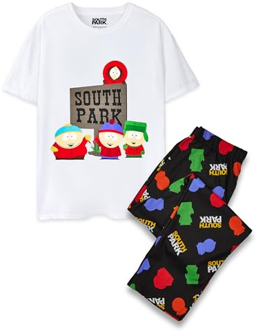 South Park Pyjama Homme Ensemble | Adultes Blanc À Manches Courtes Graphique Tee & Noir Imprimé Long Jambe Bas Pyjama | Cartman Kenny Stan Kyle Drôle Cartoon Merchandise Cadeau pour Lui