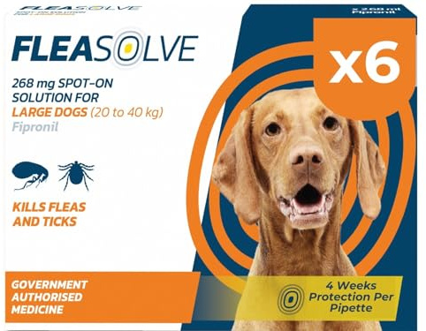 Dog Flea Treatment Large Dog x 6 - Spot on Flea Treatment for Dogs Large 20-40 kg - FleaSolve 6 Pipettes, 6 Doses - Effective Spot-On Treatment