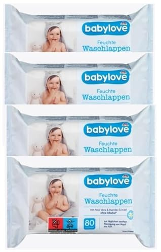 Babylove Feuchte Waschlappen 4x80er Pack - Aloe Vera & Kamille | Sanfte Reinigung mit Aloe Vera & Kamille. Für empfindliche Baby- & Erwachsenenhaut.