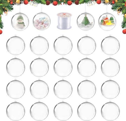 6CM Sfera di Plastica Trasparente, dellyy 20 Pezzi Palline di Natale Trasparenti Apribili, Sfere Plastica Trasparente Apribile, Palla Decorativa Fai da Te con 50 Metri di Filo Decorativo