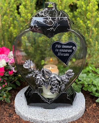 Lanterne funéraire avec texte – Pour toujours dans nos cœurs – Lampe funéraire 33 cm de hauteur Bougie funéraire Bougie funéraire Lanterne de jardin avec bougie