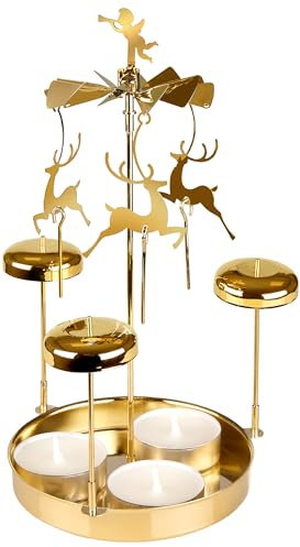BRUBAKER Lichter Glockenspiel aus Metall - Karussell Kerzenhalter mit Rentieren inkl. 3 Teelichter - Drehende Tischpyramide - Kerzenständer Teelichtkarussell für Weihnachten als Tischdeko - Gold