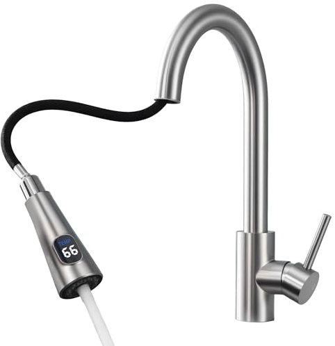 HOMELODY Robinet de cuisine avec affichage de la température, robinet de cuisine extensible, haute pression et écran LED, mitigeur d'évier en acier inoxydable avec 2 types de jet, installation facile