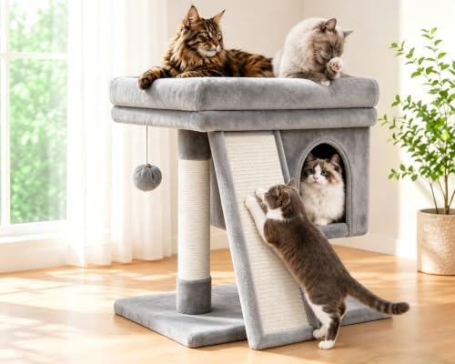LEEJARD klösträd liten, kattträd med stora plattformar, sisalstammar, klösramp, katthus, plyschbollar och kattborste för stora katter
