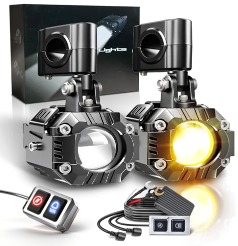 BraveWAY 70W 30000LM Feux Additionnels Moto Phare 7 Modes Stroboscopiques de Conduite LED Auxiliaire Antibrouillard Avec Blanc Ambre Kit de Faisceau de Câbles Plug and Play et 2 Supports de Montage