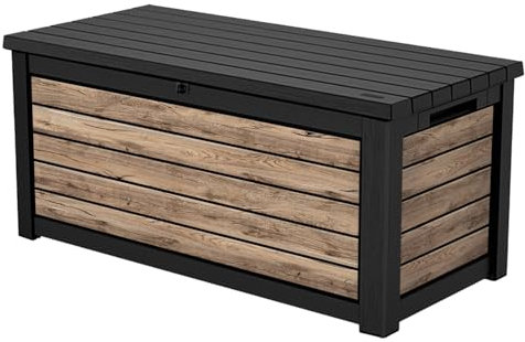 Keter Northwood Auflagenbox/Kissenbox 623 Liter | 100% Wasserdicht mit Belüftung dadurch kein übler Geruch/Schimmel Moderne Holzoptik | Deckel belastbar bis 250 KG | Deckel mit Gasdruckfedern