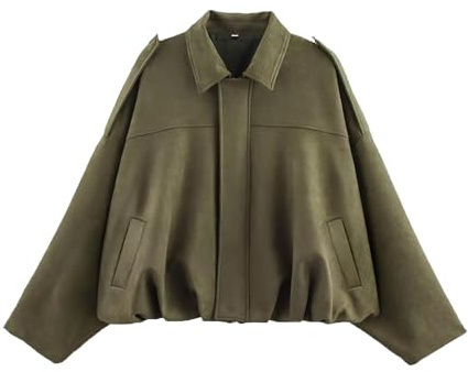 Bnigung Womens Faux Suede Bomber Jacket Casual Lapel Pilot Cropped Coat Oversized Motorcycle Jackets 2025 Outerwear(Green-L)