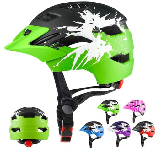 RaMokey Fahrradhelm Kinder, Fahrradhelm mit Licht für Kinder Leichter Kinderhelm mit Verstellbares Zifferblatt für Mädchen und Jungs 50-56CM (ab 5-14Jahre) (Black Green)