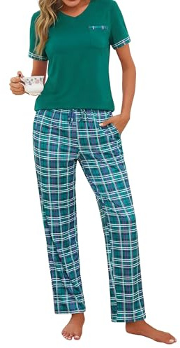 Jahetuul Women's Pyjamas Set Cotton Pjs for Ladies Loungewear Short Sleeve V-Neck Top and Wide Leg Checked Bottoms with Pockets S-3XL