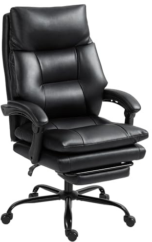 HOMCOM Ergonomic Office Chair, Fauteuil de Direction avec siège et Repose-Pieds Larges, Cuir PU, Inclinaison à 135°, Soutien Lombaire, Dossier Haut, Hauteur réglable, roulettes pivotantes, Noir