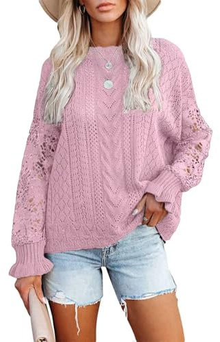 Jusfoouo Pull Femme à Motifs Crochetés avec Manches Papillon en Dentelle - Col Rond, Coupe Délavée, Rose L