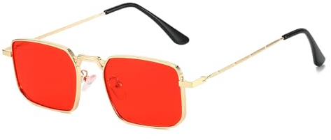 LJCZKA Gafas de Sol Rectangulares Retro Hombre Mujer Gafas Cuadradas Vintage Montura Metálica Protección UV400 (Dorado Rojo)