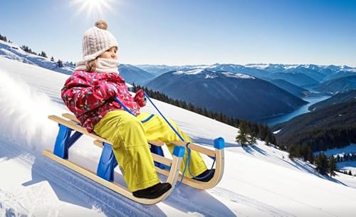 Luge en bois - Luge à neige - Traîneau - Pliable - Avec cordon de serrage et pince à boules de neige - Patins en acier - Charge maximale 130 kg - Sans dossier