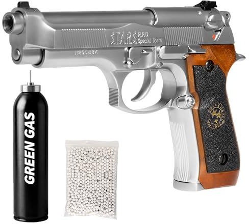 Pistola gas scarrellante softair M92 full metal, POTENZA 0,9 JOULE, calibro 6mm, caricatore 27 colpi, hop-up regolabile, sicura/semi-auto, 220mm 950g (Cromata)