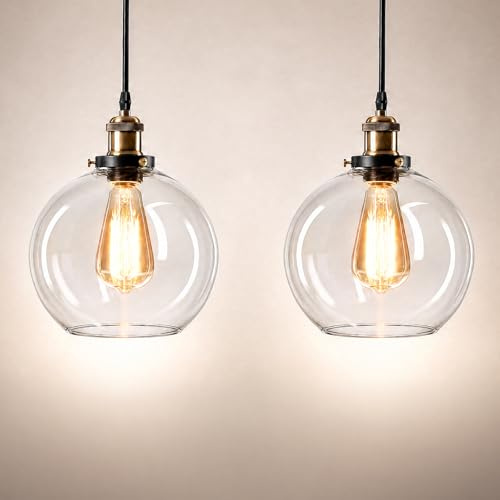 Emitto 2 Pack Glass Pendant Light, Ceiling Pendant Light Fitting with 20cm Glass Lampshade, E27 Hanging Ceiling Light for Kitchen Island Bedroom Dining Room, Black