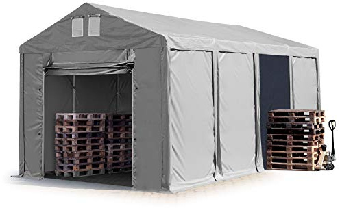 TOOLPORT Lagerzelt Industriezelt 4x8 m Zelthalle mit 3m Seitenhöhe PVC Plane 850 N grau wasserdicht Ganzjahreszelt mit Hochziehtor