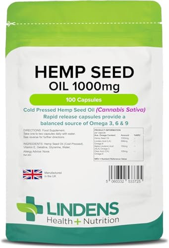 Lindens - Hemp Seed Oil 1000mg, 100 Capsules - UK Made - Source of Omega 3, 6 & 9 - Joint Care, Heart Health, Overall Wellbeing - Cold Pressed Hemp Seed Oil - Letterbox Friendly