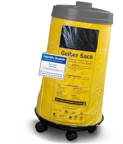 Sacktonne gelb mit Rollwagen und Deckel, Müllsackständer, Gelber Sack, Mülltonne, Wertstoffbehälter