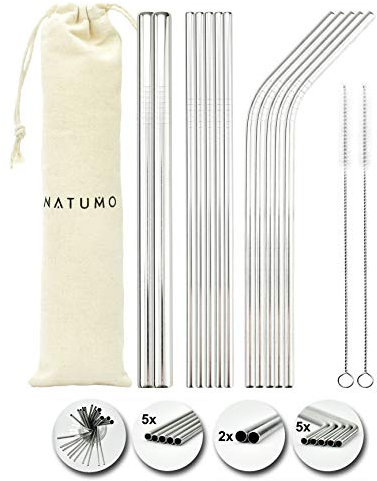NATUMO ® Edelstahl Strohhalm wiederverwendbar, Metall Trinkhalm Set - 12 Strohhalme gerade + gebogen, inklusive 2 Bürsten und 1 Beutel
