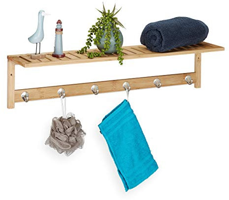 Relaxdays Portasciugamani con Mensola, 6 Ganci, Bagno & Corridoio, Appendiabiti, Bambù, 18 x 75 x 16 cm, legno naturale