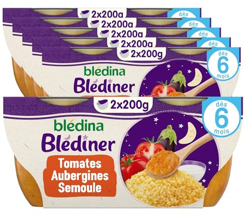 Blédina - Blédiner - Plat du soir pour bébé - Dès 6 Mois - Douceur de Tomates Aubergines et Semoule - 2x200g - Pack de 6
