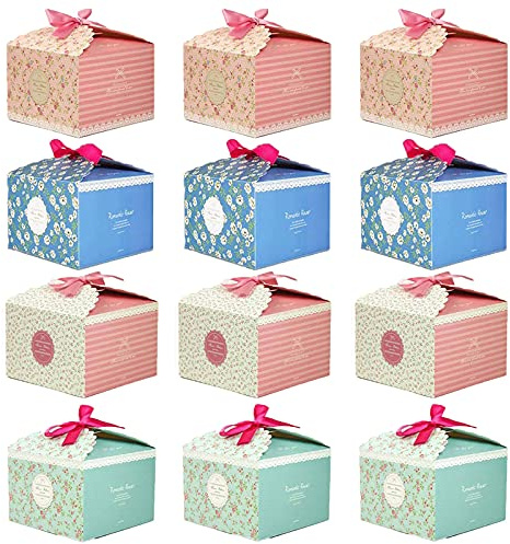 Dekorativa godislådor, 12 st 4 färger presentlådor med band, cupcake-lådor förpackning, blommiga presentaskar, skulpterad presentförpackning för jul, födelsedagar, helgdagar, bröllop, jul, tacksägelsedagen