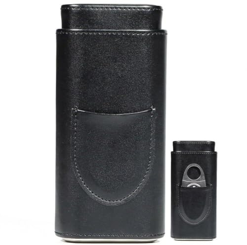 Cigarrfodral med 3 fingrar bärbart läder cigarrfodral cederträ fodrad cigarrluftfuktare resecigarrväska, Svart, 6.30*2.76*1.18inch