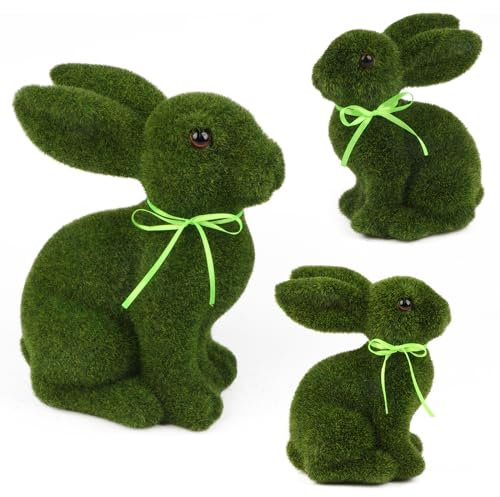 3Pièces Mousse Statue De Lapin de Pâques Fausse Mousse Vert Figurine de Lapin de Simulation Flocage D'herbe Figurines Statue de Lapin Floqué Jardin Imitation Lapin Pâques Plastique Lapin Extérieur