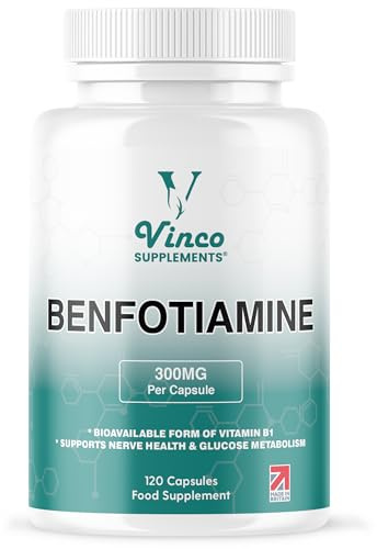 Vinco Benfotiamine 300mg - Vitamin B1 Thiamine High Strength for Heart & Kidney Support, 120 Vegan Capsules, Enhanced Cognitive Function, Energy & Antioxidants, Gluten & Allergen-Free - Made in UK