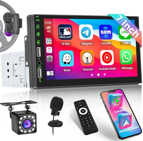 Inefala Bilradio 1 Din coon CarPlay och Android Auto, 7-tums HD-skärm pekskärm stereo bil Bluetooth med röstassistent spegellänk rattkontroll FM USB AUX-in bakre kamera