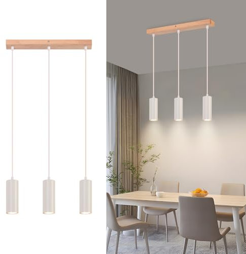 Glitzerlife Lampada a Sospensione 3 Luci Bianco - Lampadario a Soffitto GU10 Lampadario Cucina Legna Con Cavo Regolabile per Sala Ristorante Isola Della Cucina MAX.25W (Senza lampadina)