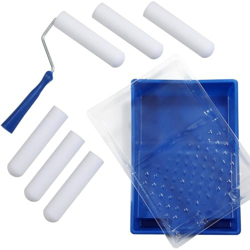 Farbroller Set, Schaumwalzen Farbroller Wandfarbe mit Gummigriffen, 8 Stück Malerrolle 6 Zoll mit Hoher Dichte, Farbroller Klein mit Stabile Farbwanne