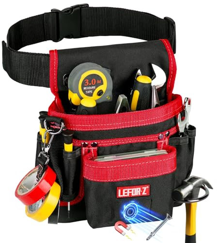 Cintura Porta Attrezzi,Magnetiche Cintura Attrezzi con 14 Tasche,Regolabili Staccabili Cintura Elettricista,Cintura Attrezzi Lavoro per Elettricista,Falegname,Edilizia,Nero-Rosso